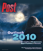 A person gazes at a moonlit, foggy landscape with "Outlook 2010" text.