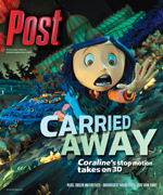 A young girl with blue hair and wide eyes, dressed in a blue and green outfit, reaches out with her hand as she is pulled thr