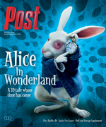 The White Rabbit from Alice in Wonderland, dressed in a blue coat, holds a pocket watch and looks at it. The Post magazine lo