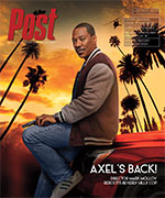 Eddie Murphy as Axel Foley, wearing a varsity jacket and jeans, sits on a car with palm trees and a sunset in the background.