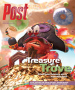 A cartoon pirate crab wearing a hat and holding a hook sits on a pile of gold coins. Cereal boxes and donuts are in the backg
