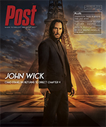 John Wick stands in front of the Eiffel Tower at sunset, with the Post magazine logo and text about his return in Chapter 4.