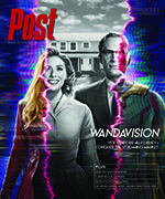 Wanda Maximoff and Vision from WandaVision on the cover of Post magazine, with a glitch effect.