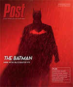 Silhouette of Batman in a red, rainy environment with the movie title 'THE BATMAN' visible.