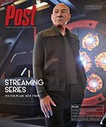 Patrick Stewart stands in a dark uniform with his hands in his pockets, looking forward. He is on the cover of Post magazine.