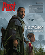 A man with braided hair and a child with pointed ears stand in a misty, futuristic landscape with drones in the sky.
