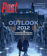 Post magazine cover for Outlook 2012, showing a snowy path lined with statues leading to a building.