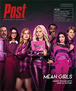 The cast of Mean Girls, dressed in pink, poses for a magazine cover. The magazine title is 'Post'.