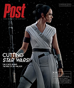 Rey from Star Wars, dressed in her desert attire, looks off to the side against a starry background. The Post magazine logo i