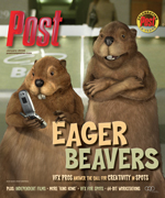 Two cartoon beavers, one holding a cell phone, on the cover of Post magazine with the title "Eager Beavers."
