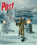 A young boy in a tan outfit practices waterbending in a snowy, mountainous setting with traditional Asian buildings.