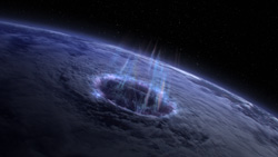 A large impact crater with glowing purple energy on a dark, cloud-covered planet seen from orbit.