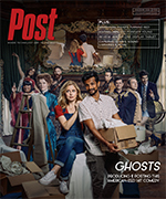 The cast of the CBS show "Ghosts" poses for the cover of Post magazine, with a couple in the foreground holding a box.