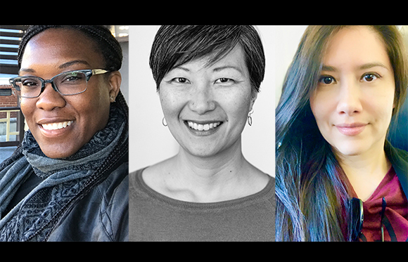 Three headshots of diverse women smiling, arranged side-by-side.