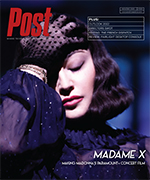 Madonna on the cover of Post magazine, promoting her Madame X concert film. She wears a black lace hat and dress.