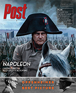Man in a bicorne hat on a horse, with soldiers in the background. Text reads "Napoleon" and "Oppenheimer Best Picture".