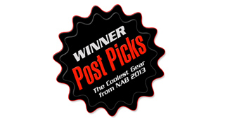 Black scalloped badge with red and white text reading Winner Post Picks, The Coolest Gear from NAB 2013.