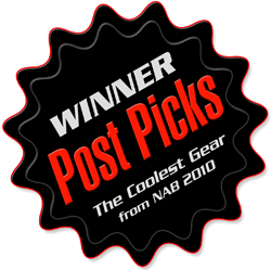 Black starburst badge with red border reading WINNER Post Picks The Coolest Gear from NAB 2010