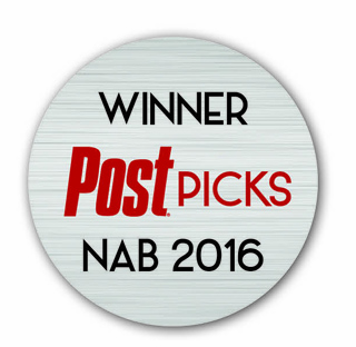 Circular white badge with text: WINNER PostPICKS NAB 2016.