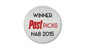 Circular silver badge reading WINNER Post PICKS NAB 2015