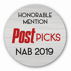 Circular silver badge with text reading Honorable Mention Post Picks NAB 2019