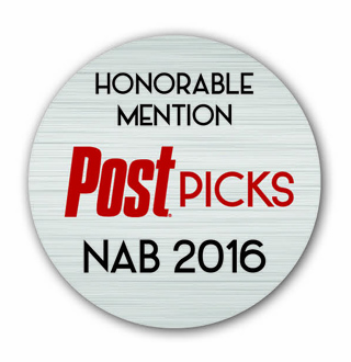 Circular silver badge with text reading Honorable Mention Post Picks NAB 2016.