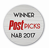 A circular silver badge with the text WINNER PostPICKS NAB 2017.