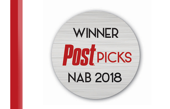 A circular silver seal with the text WINNER Post PICKS NAB 2018 in black and red lettering.