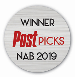 Circular silver seal with text reading WINNER Post PICKS NAB 2019