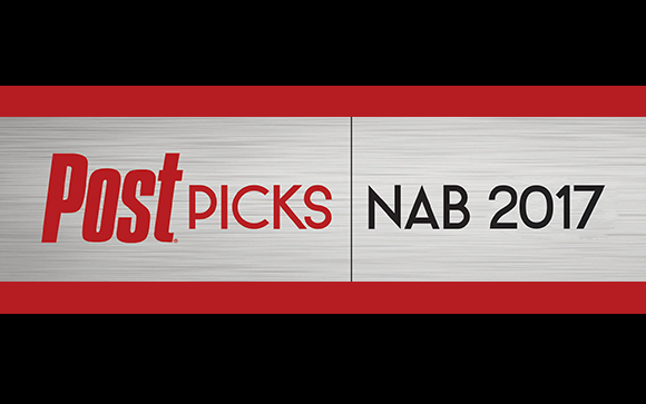 Red and white logo with the text PostPicks NAB 2017 on a brushed metal background.