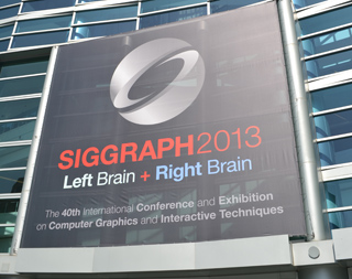 Large banner for SIGGRAPH 2013 with a circular logo and the text Left Brain + Right Brain.