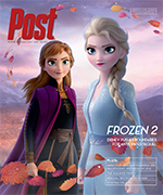 Elsa and Anna from Frozen 2 stand together on the cover of Post magazine, with autumn leaves falling around them.