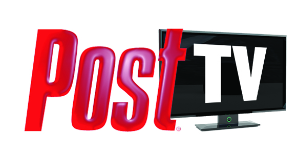 Red 3D text reading 'Post' next to a black television screen displaying white 'TV' text.