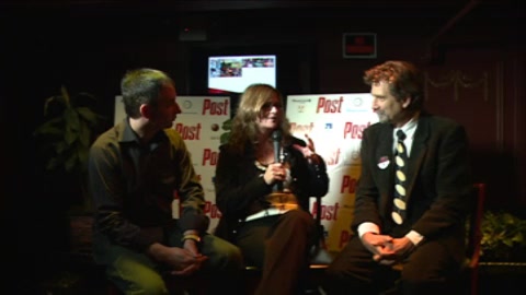 A man, a woman, and another man sit in a panel discussion in front of a Post logo backdrop.