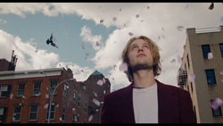 A man looks up toward a cloudy sky as pink flower petals drift through the air in a city.