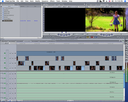 A video editing software interface showing a timeline, preview windows, and media files.