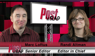 Marc Loftus and Randi Altman stand before a Post Wrap sign in a studio setting.