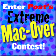 Colorful graphic with blue polka dots and text reading 'Enter Post's Extreme Mac-Over Contest!'
