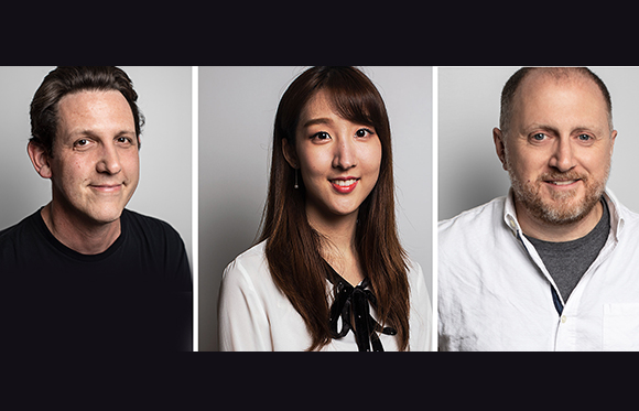 Three separate portraits: a man in a black shirt, a woman in a white blouse, and a man in a white button-down.