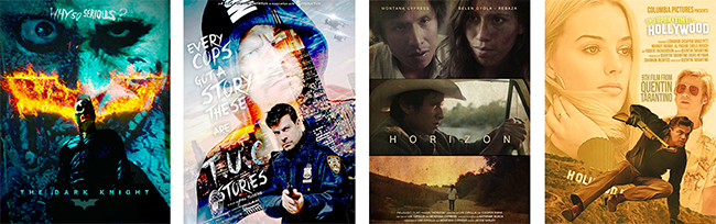 Four movie posters including The Dark Knight, Every Cop Has a Story, Horizon, and Hollywood.
