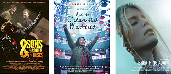 Three vertical movie posters: a crime drama, a man with raised arms, and a close-up of a woman's face.