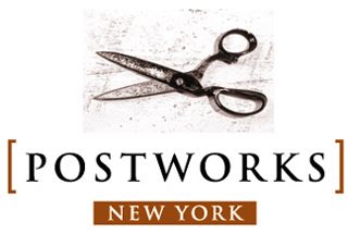 Logo featuring a pair of vintage scissors above the text POSTWORKS NEW YORK.