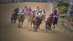Jockeys in colorful silks riding horses during a race on a dirt track.