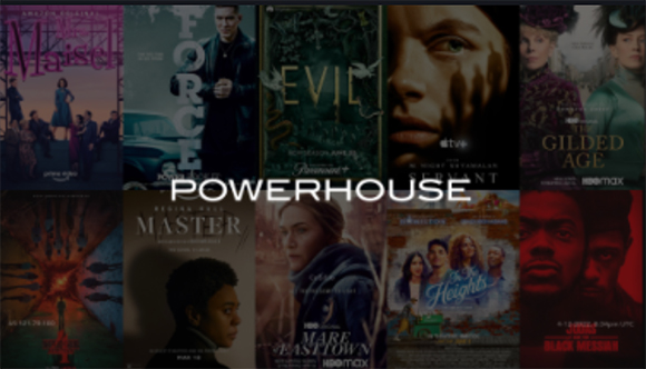 A grid of movie and TV show posters with the text POWERHOUSE centered in white.