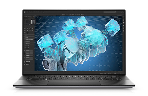 A laptop screen showing a blue wireframe 3D model of engine pistons and a crankshaft.