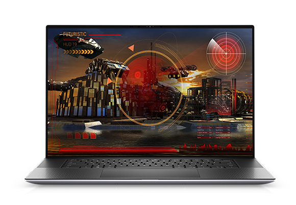 A silver laptop open on a white background, showing a sci-fi city with spaceships and HUD overlays.