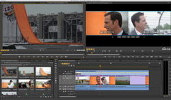 A digital video editing interface displaying a split-screen interview and a large orange ramp.