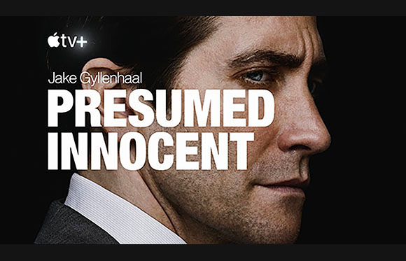 Close-up profile of Jake Gyllenhaal next to the title Presumed Innocent and Apple TV+ logo.