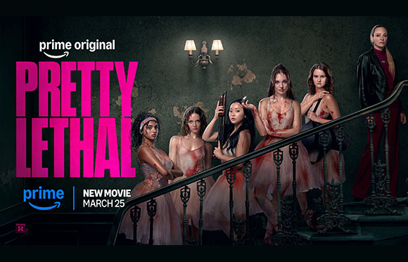 Six women in blood-stained dresses pose on a staircase against a weathered wall.