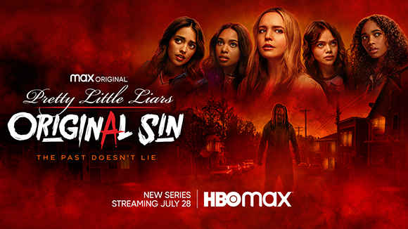 Five young women look concerned against a red smoky background with series title and HBO Max logo.